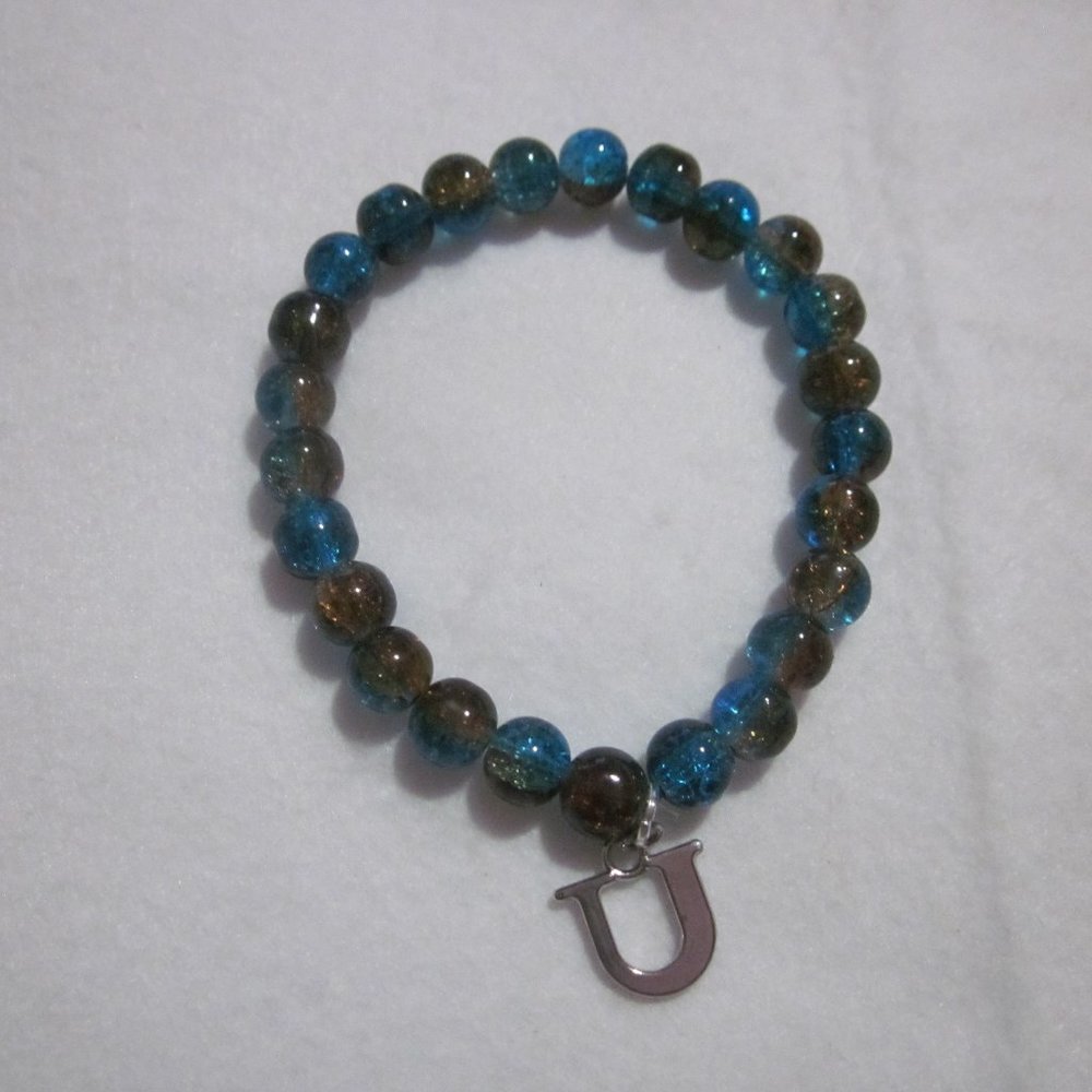 Teal and Brown Two Tone Crackle Initial U Charm Bracelet.